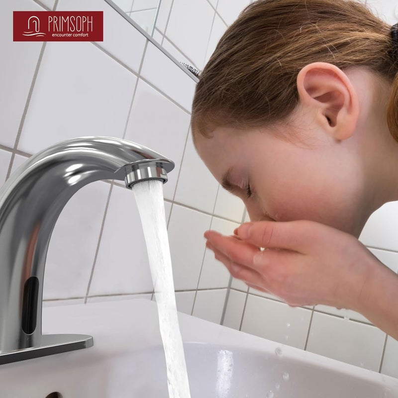 PRIMSOPH Automatic Motion Sensor Hands Free Electronic Infrared Smart Commercial Touchless Bathroom Sink Faucet with Cover Plate Temperature Mixer Battery or Plug-in Powered Chrome - Image 5